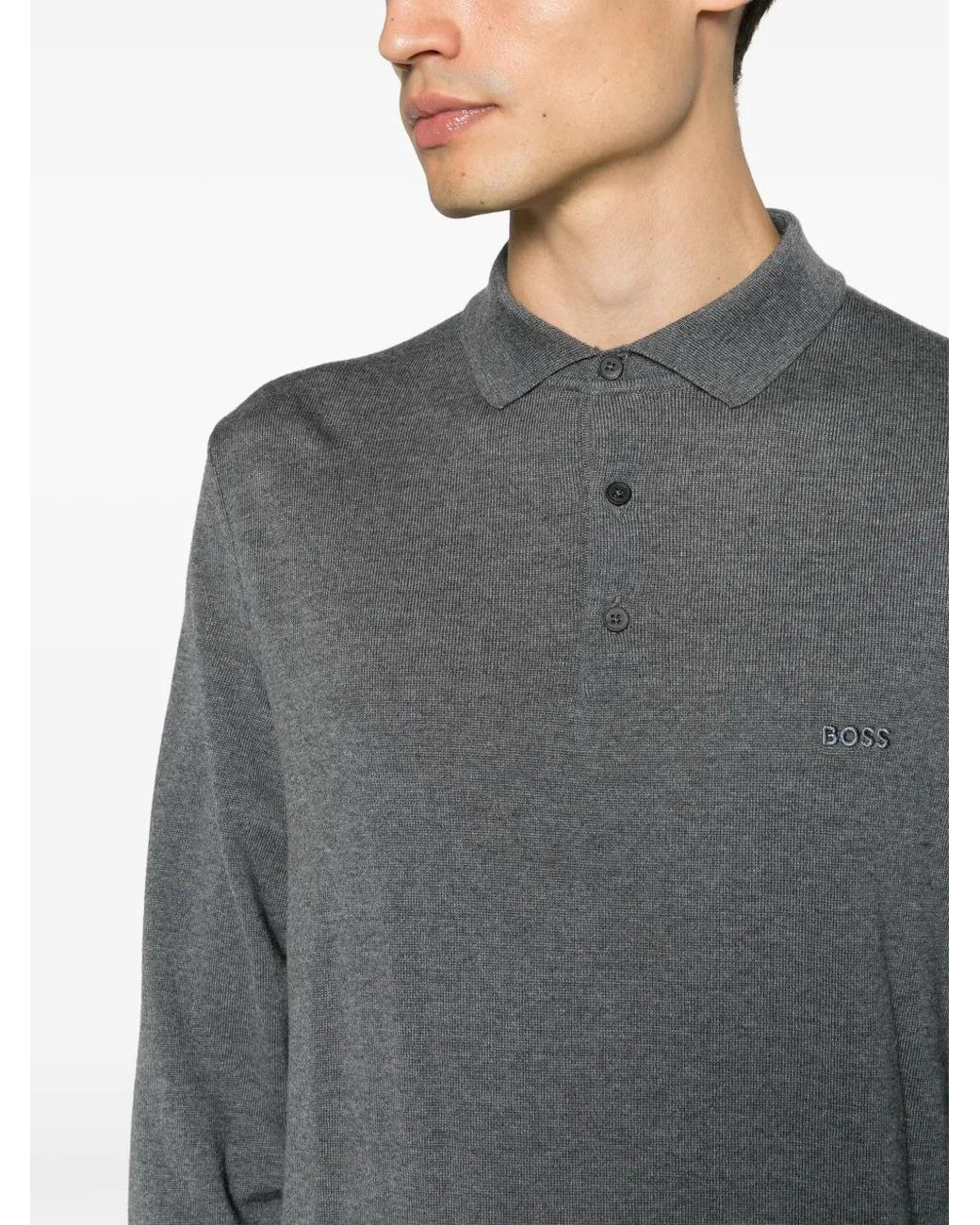 Boss Gray Logo-Embroidered Fine-Ribbed Polo Shirt for men
