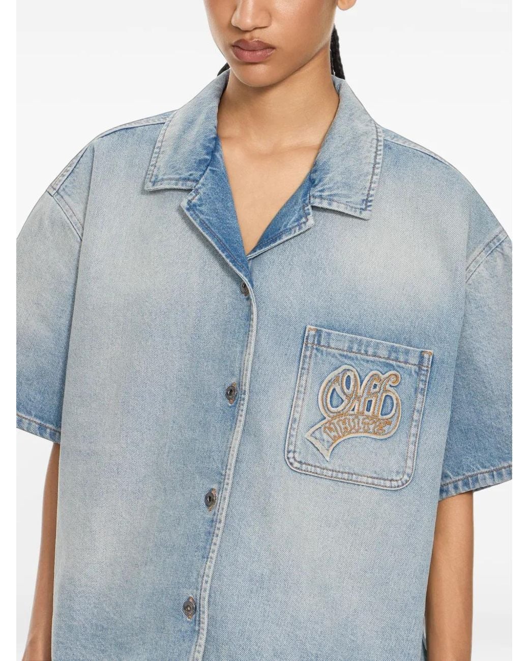 Off-White c/o Virgil Abloh Blue College Patch Denim Short Sleeve Shirt