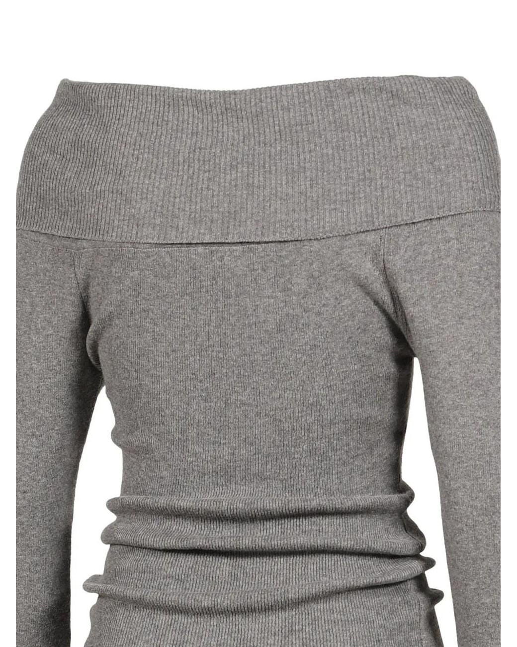 BOHEMSEO Gray Off-Shoulder Ribbed Sweater