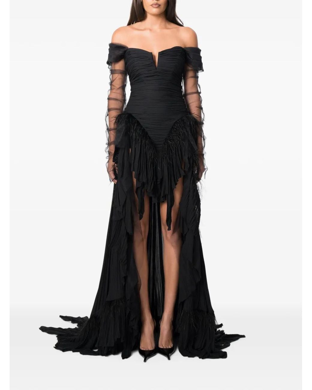 NORINA ST Black Diada Feather-Trim Asymmetric Dress