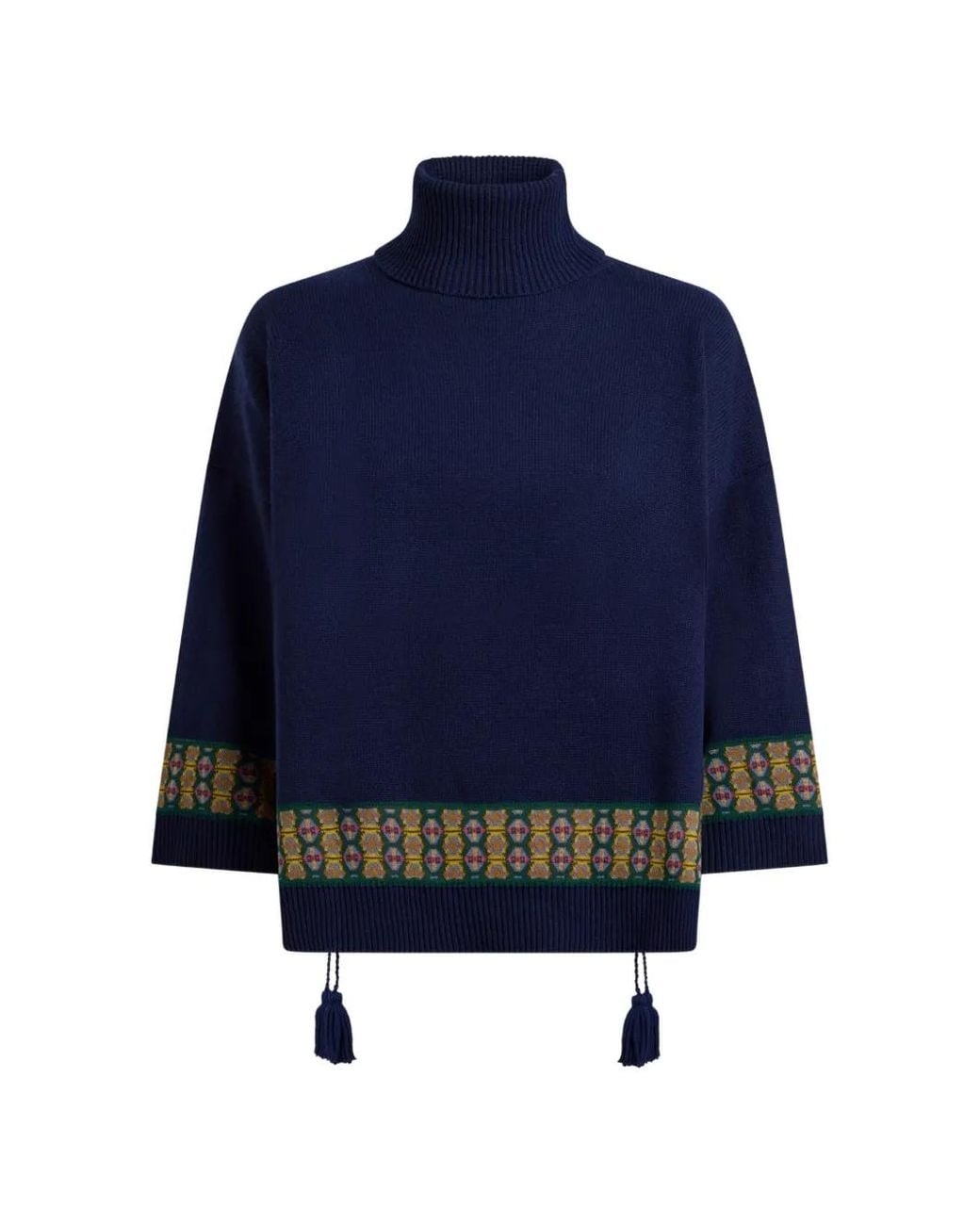 Etro Blue Wool-Blend Kimono Sweater With Tassels And Geometric Motif