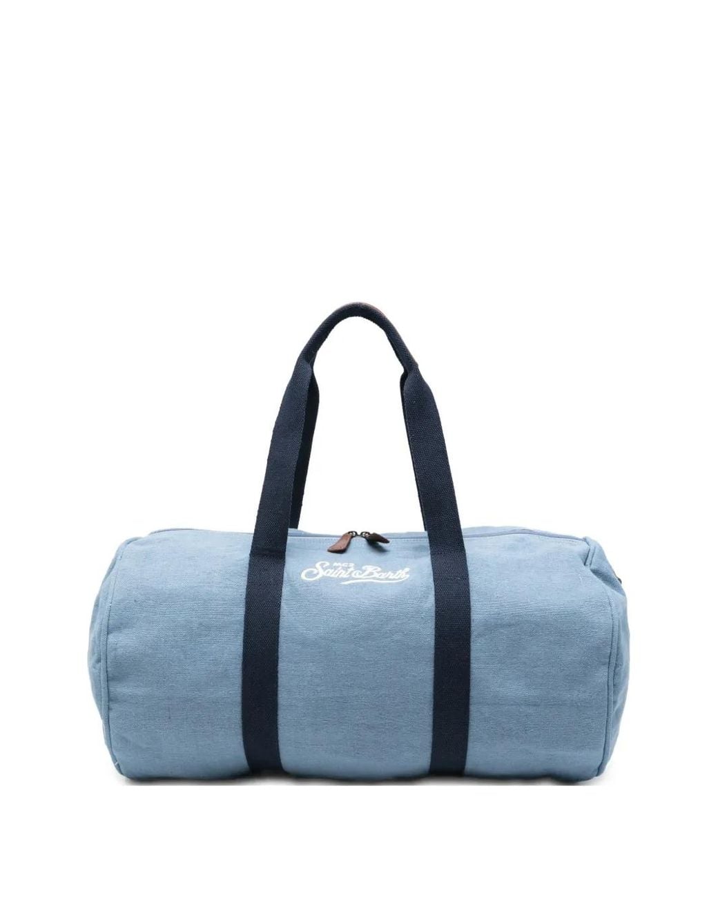 Mc2 Saint Barth Blue Round Jetleg Linen Weekender With Contrasting Embroidered Logo