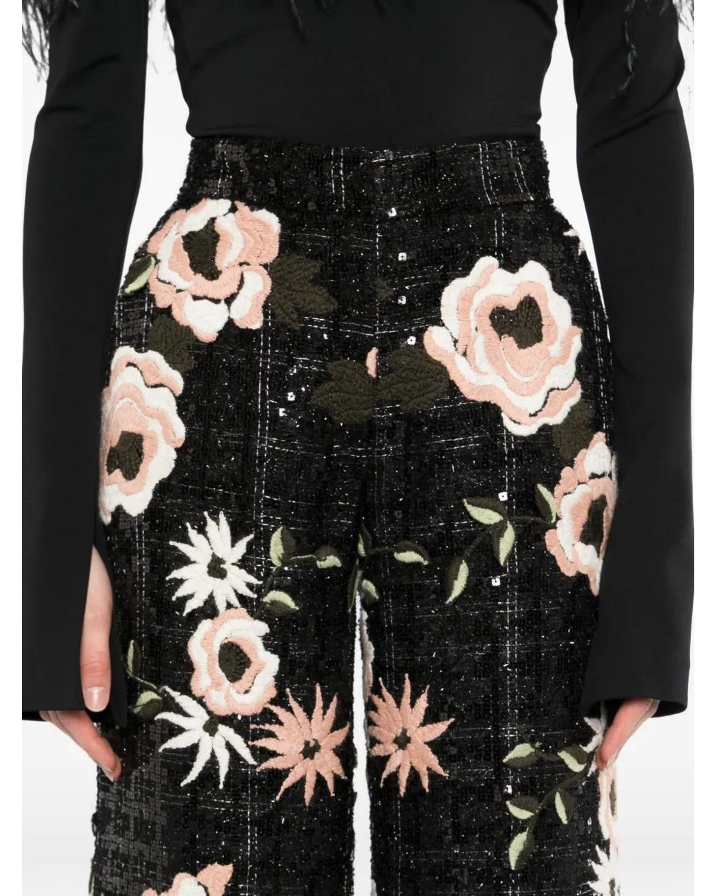 Elie Saab White Floral-Embroidered Flared Trousers