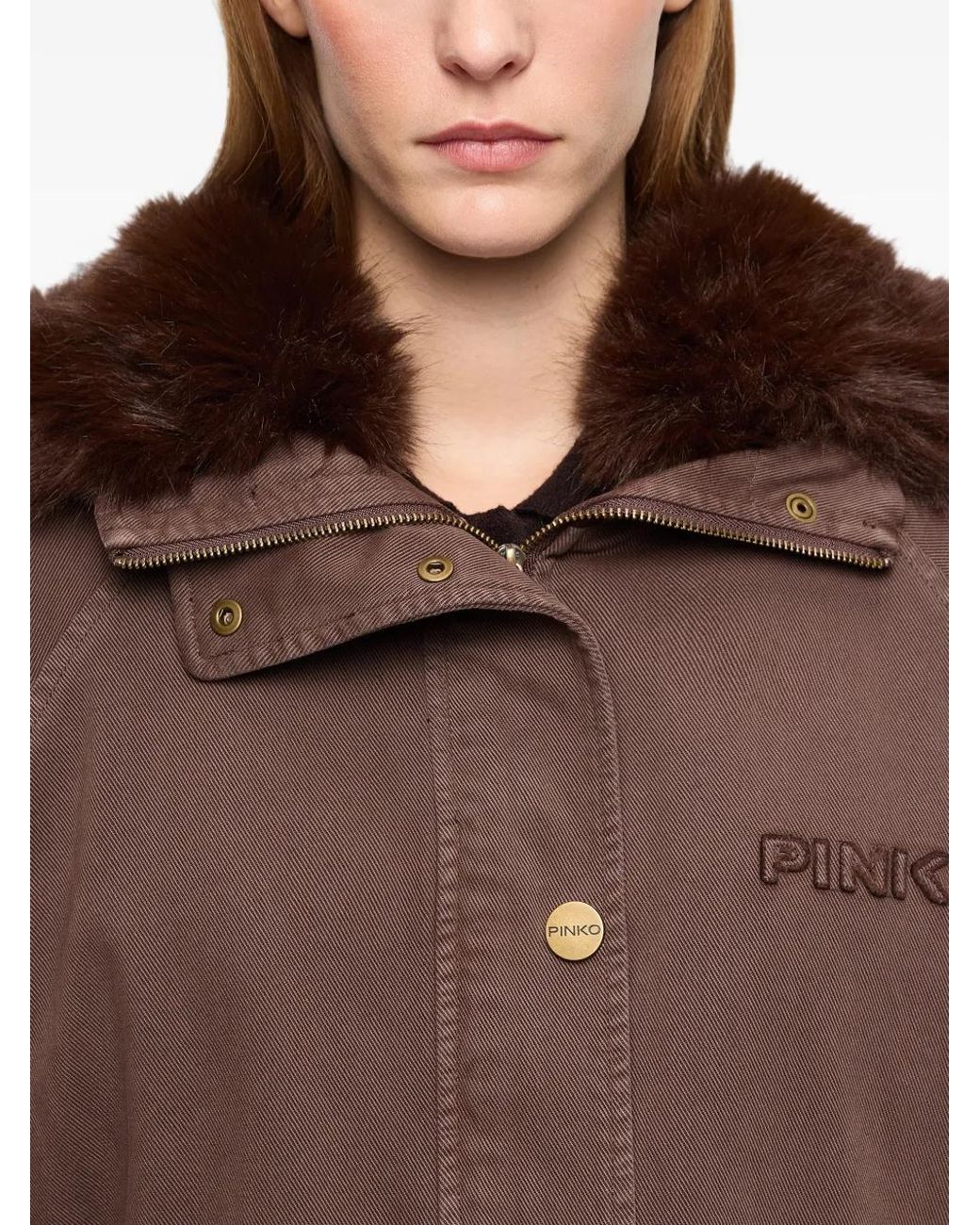 Pinko Brown Faux-Fur-Trim Hooded Coat