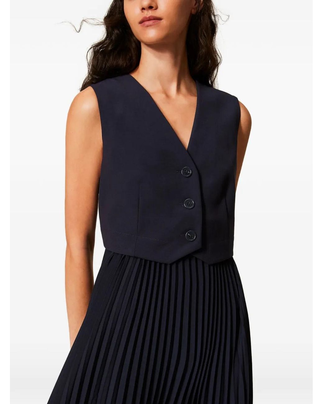 Twinset Blue Long Waistcoat-Effect Dress With Pleats