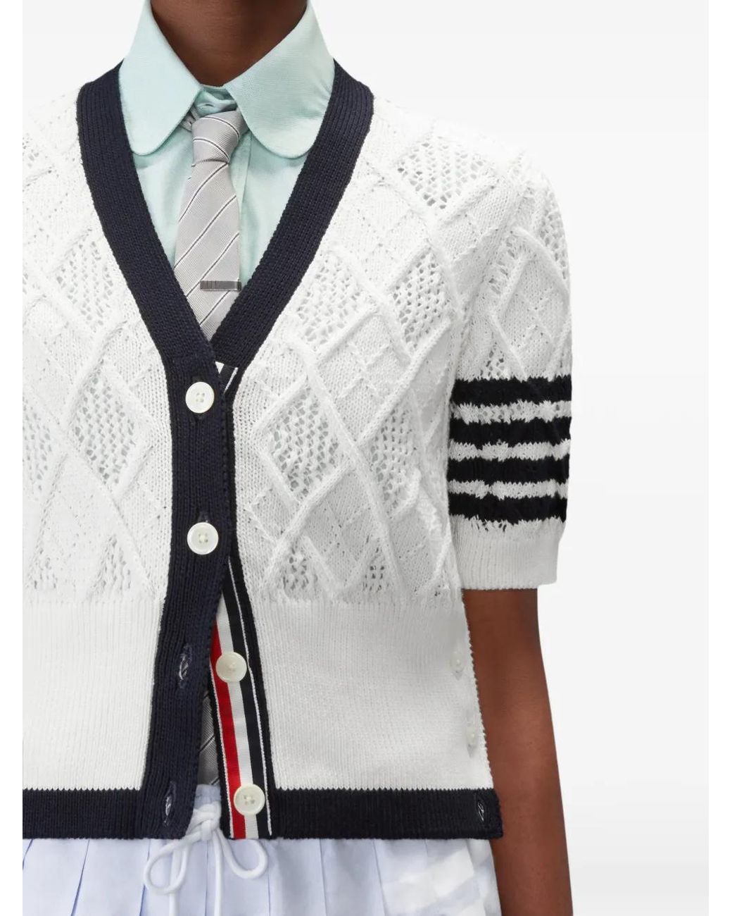 Thom Browne Blue Argyle Pointelle 4-Bar Short Sleeve Cardigan