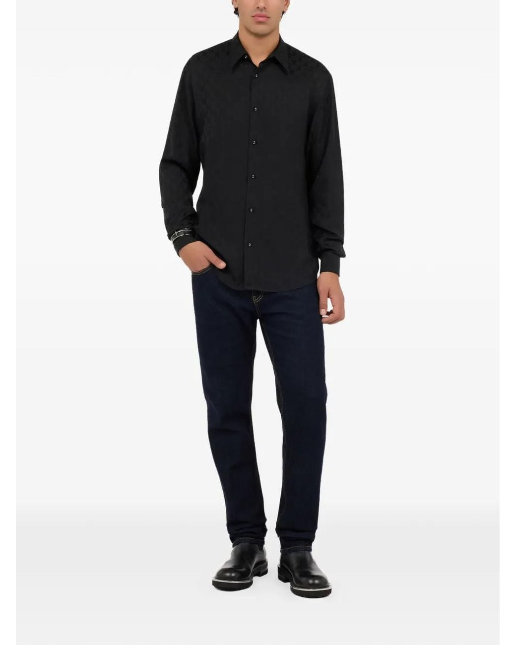 Roberto Cavalli Black Monogram-Pattern Long-Sleeve Shirt for men