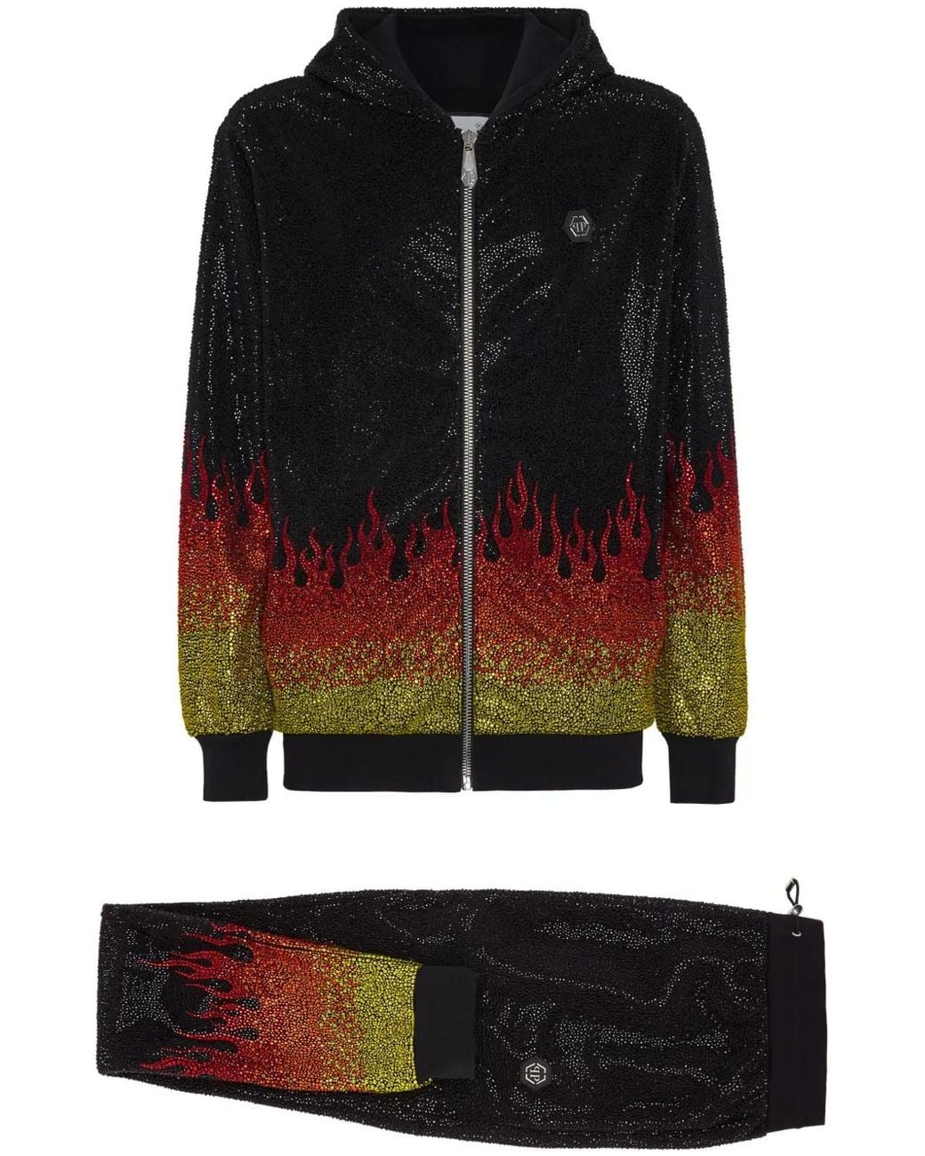Philipp Plein Black Crystals Flame Hooded Tracksuit Set for men