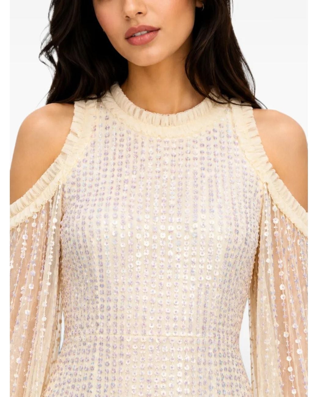 Needle & Thread White Moonlight Sequin-Embellished Cape-Sleeve Maxi Dress