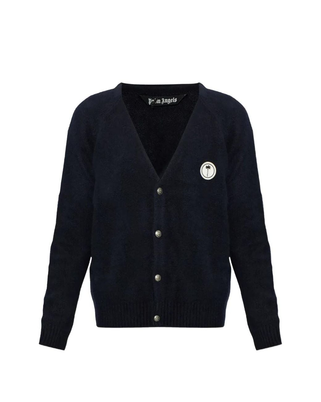 Palm Angels Blue Logo-Patch Intarsia-Knit Cardigan for men