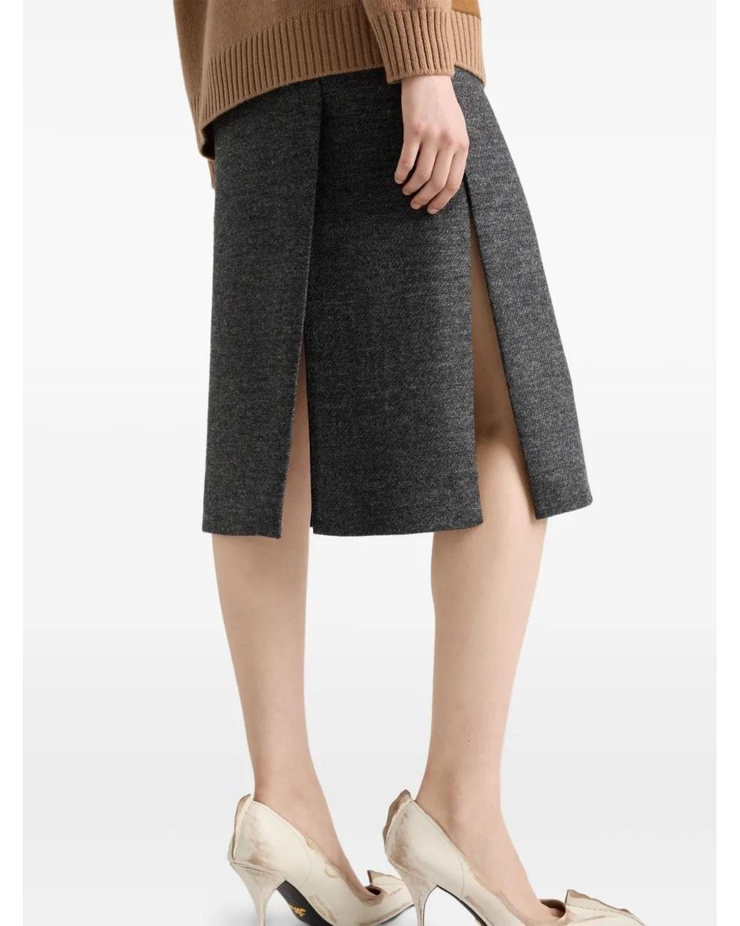 Prada Gray Front-Slit Midi Skirt
