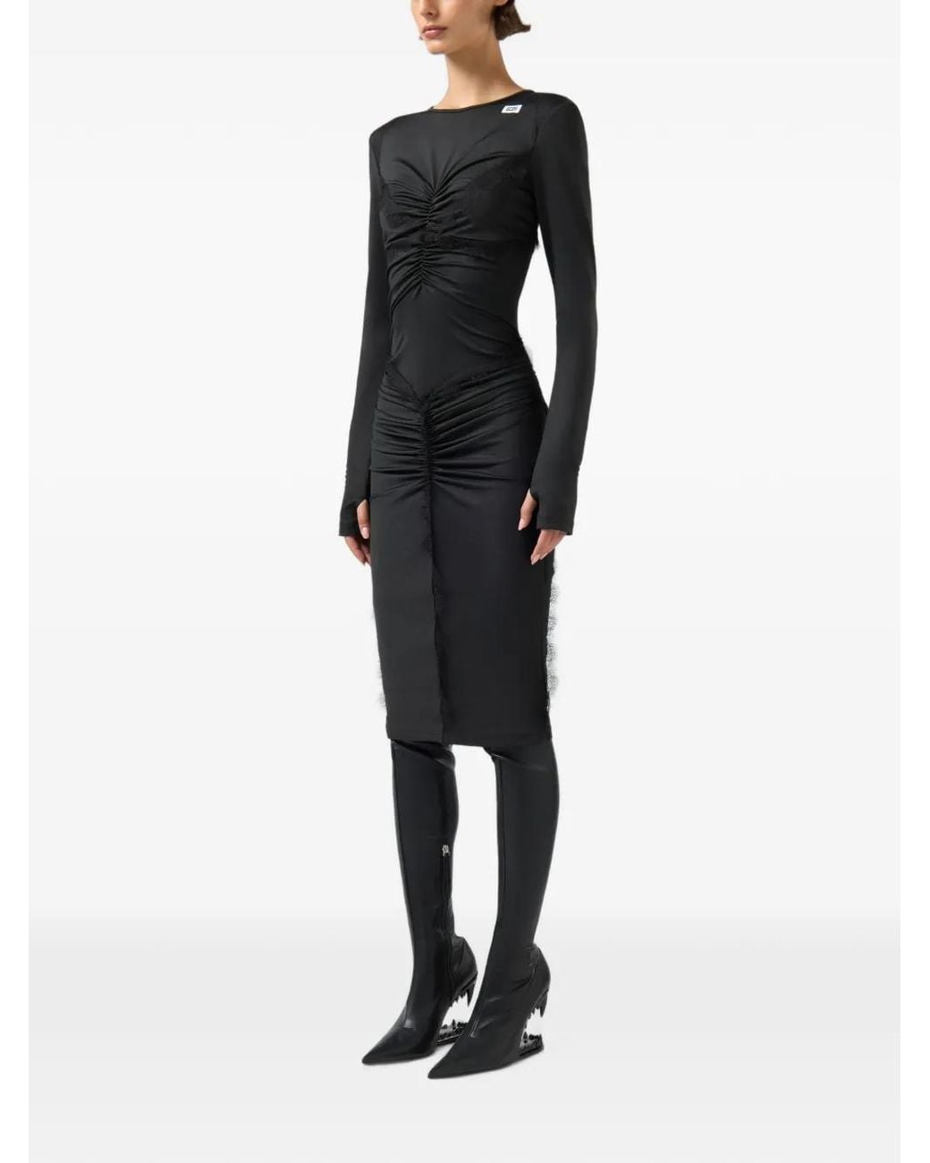 Gcds Black Lace-Insert Ruched Midi Dress