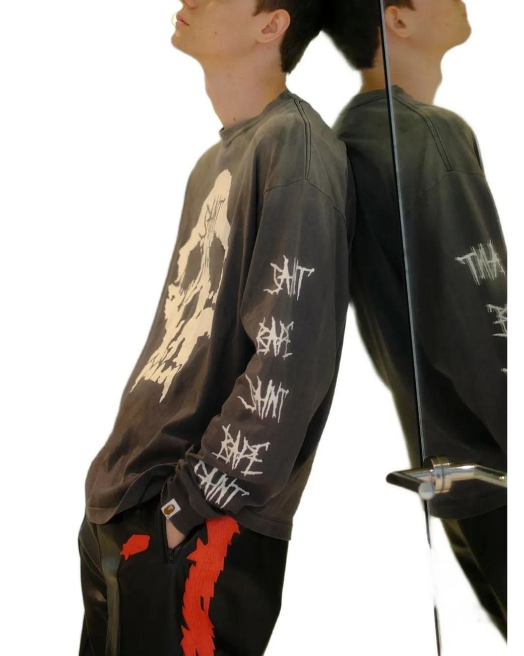 SAINT Mxxxxxx Gray X A Bathing Ape Skull-Print Long-Sleeve T-Shirt for men