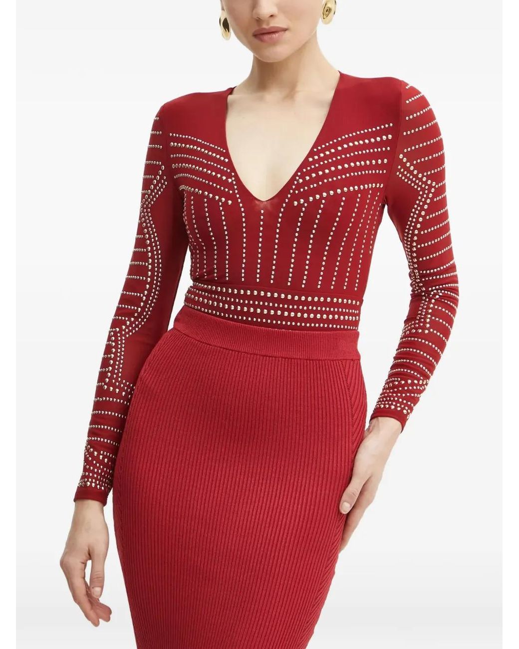 MARCIANO BY GUESS Studded V-Neck Bodysuit in Red | Lyst UK