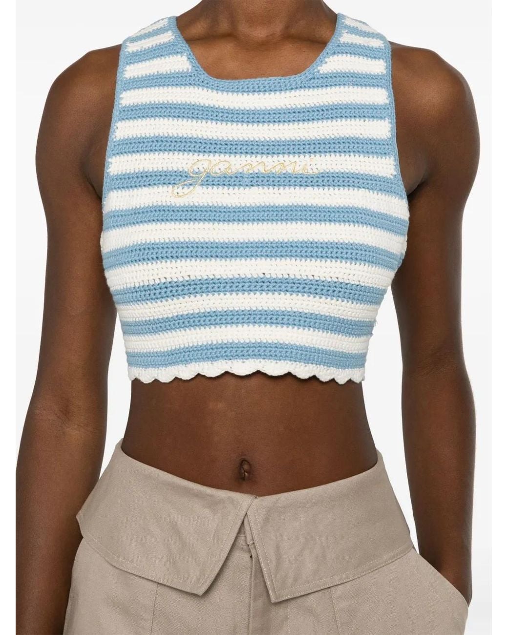 Ganni Blue Striped Organic Cotton Tank Top