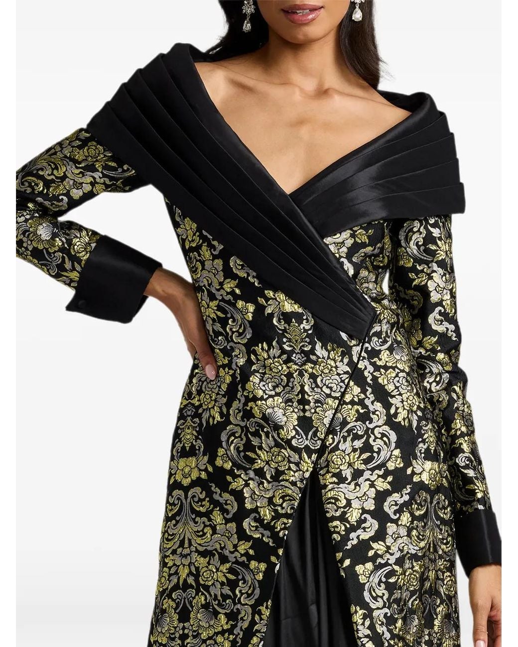 Tadashi Shoji Black Sorella Floral-Brocade Pleated-Collar Maxi Dress
