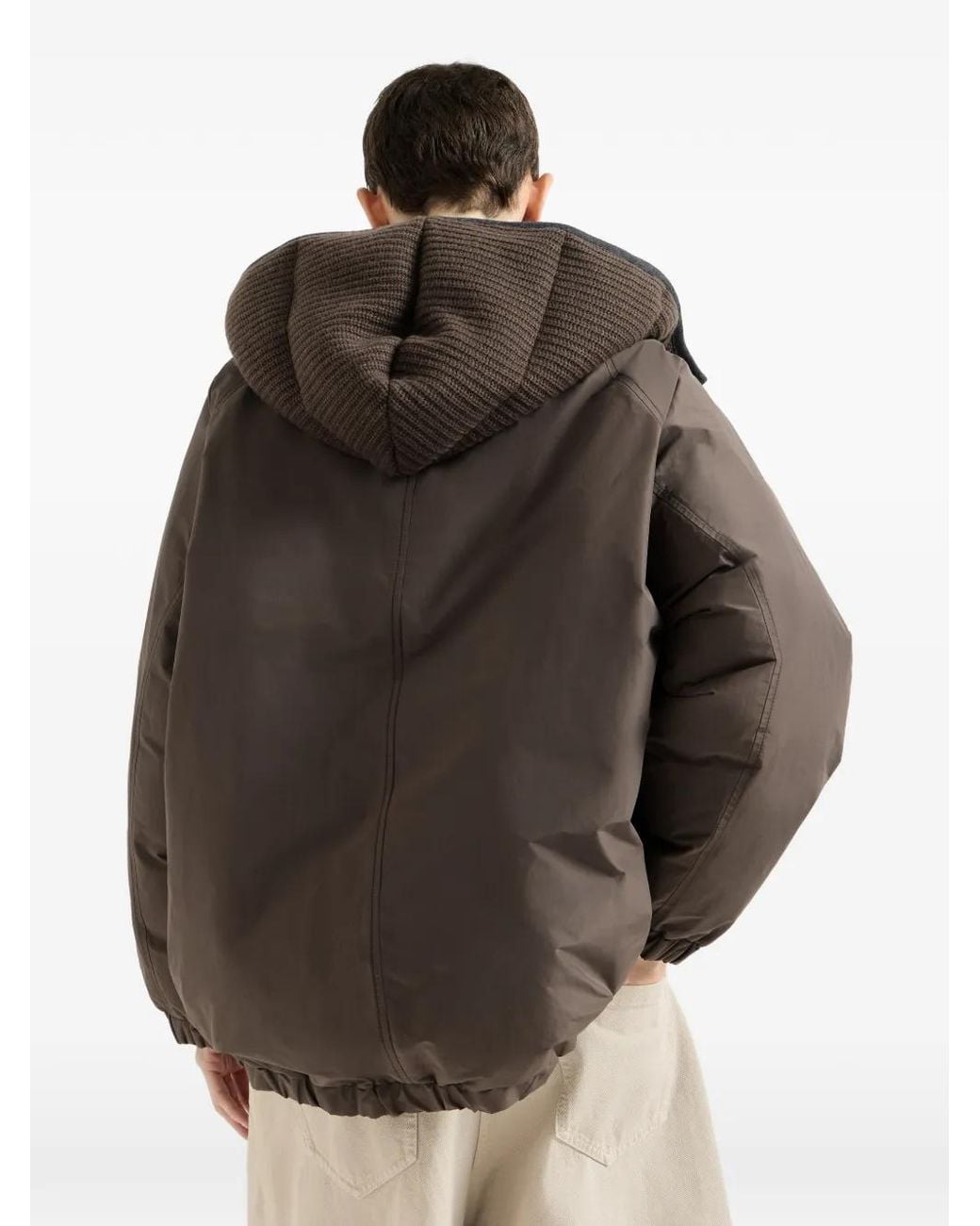 Brunello Cucinelli Brown Techno Cotton Taffeta Outerwear Jacket With Detachable Knit Hood And Shiny Zipper Pull