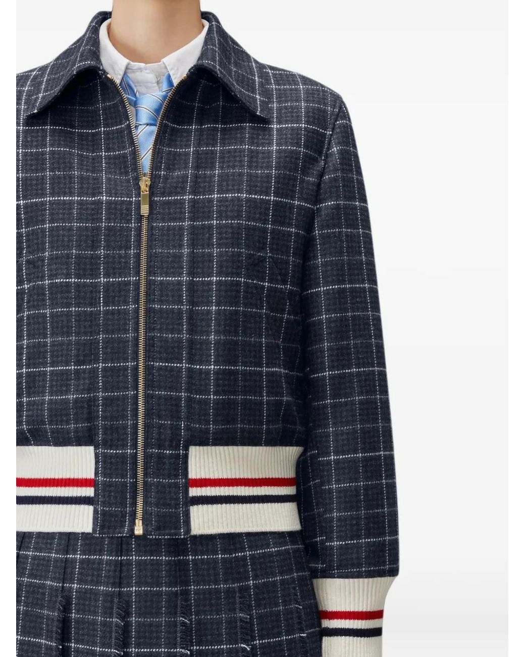 Thom Browne Blue Windowpane Houndstooth Teviot Tweed Cropped Flight Jacket