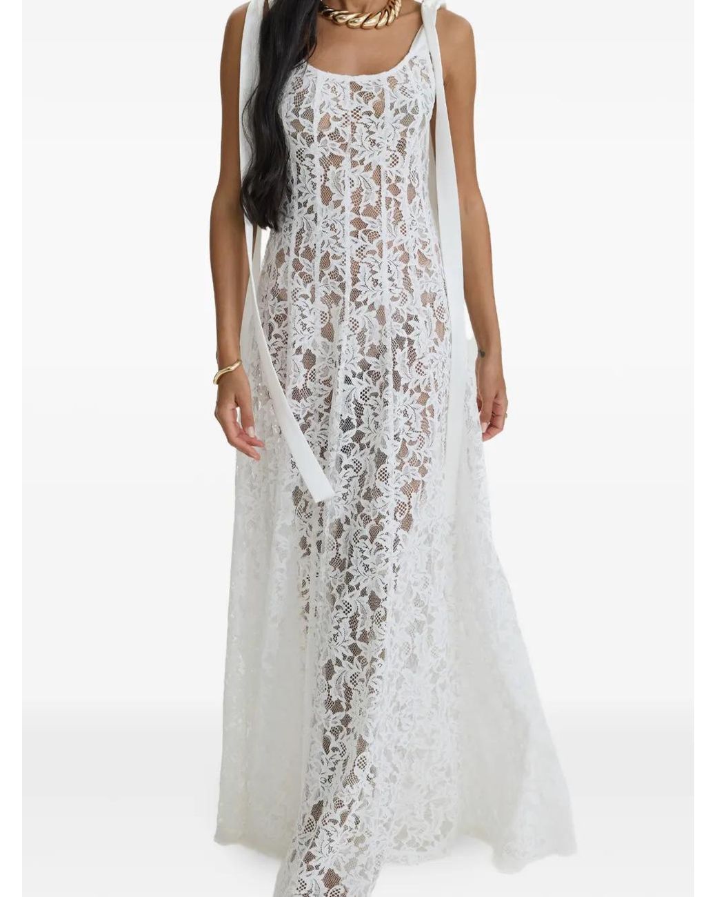 MOOS STUDIO White Whisper Lace Tie-Fastening Maxi Gown