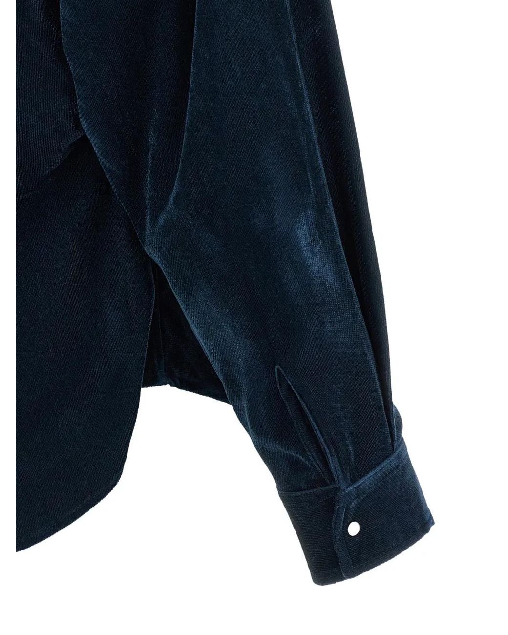 Nude Blue Velvet-Texture Snap-Button Shirt