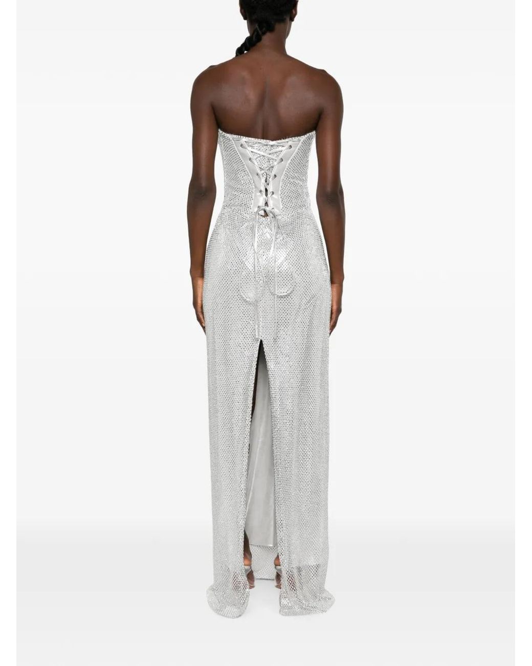 MITILIANE COUTURE White Crystal-Embellished Mesh Maxi Dress