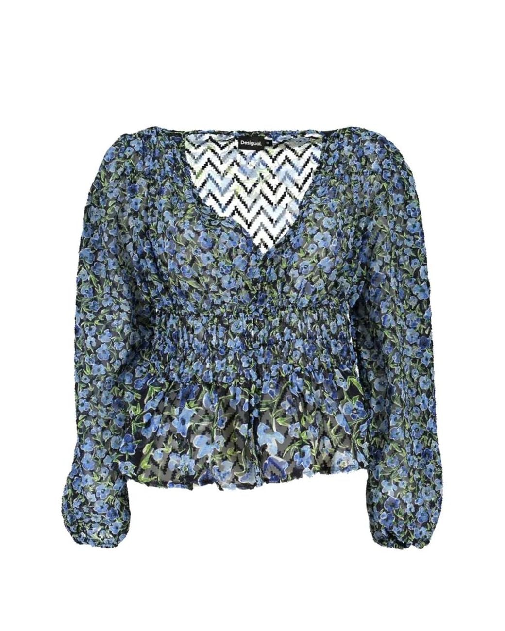 Desigual Blue Plumeti Floral-Print Smocked-Waist Blouse