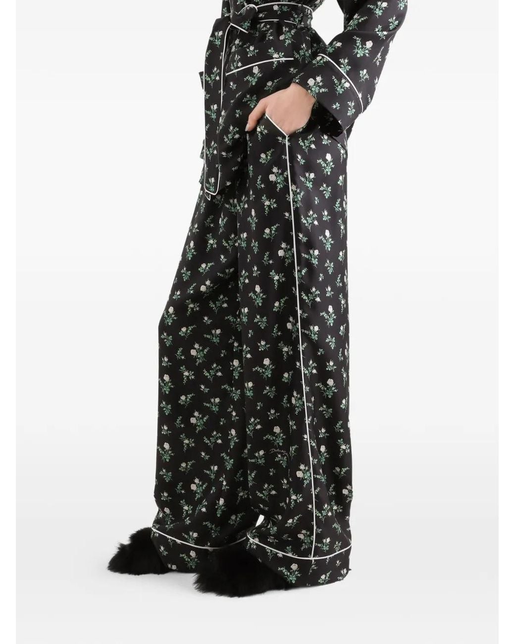 Dolce & Gabbana Black Roses And Lilies Of The Valley-Print Twill Vanity Trousers