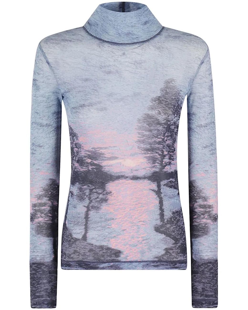 Maison Kitsuné Blue Landscape-Print Mesh High-Neck Top