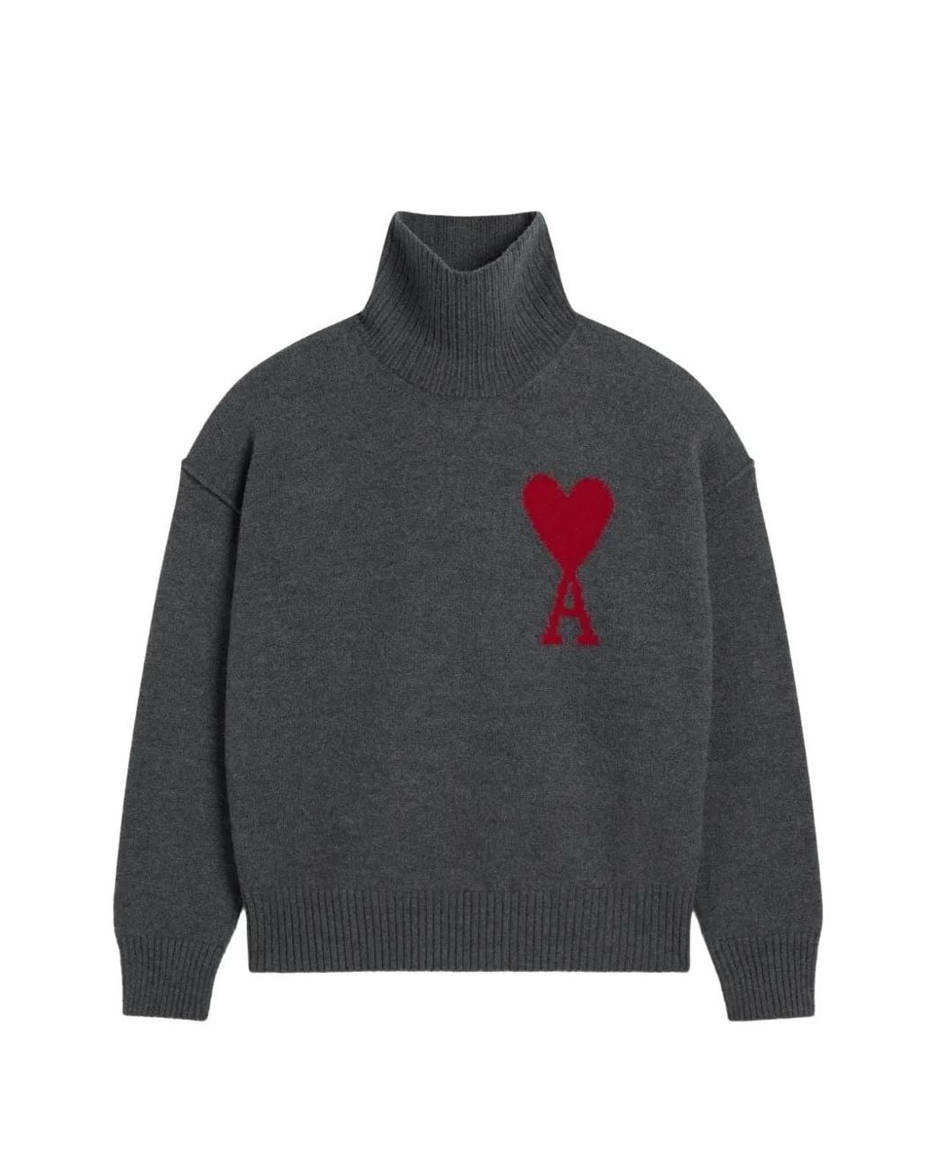 AMI Gray Funell Neck Wool Sweater With Ami De Coeur