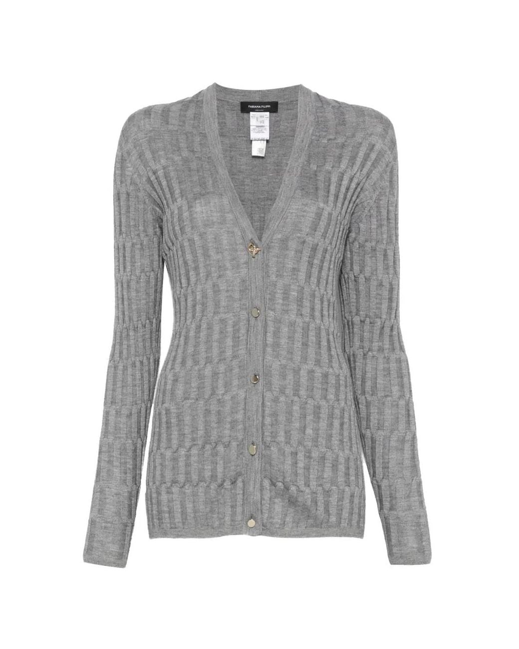 Fabiana Filippi Gray Cardigan En Maille Nervurée À Col V