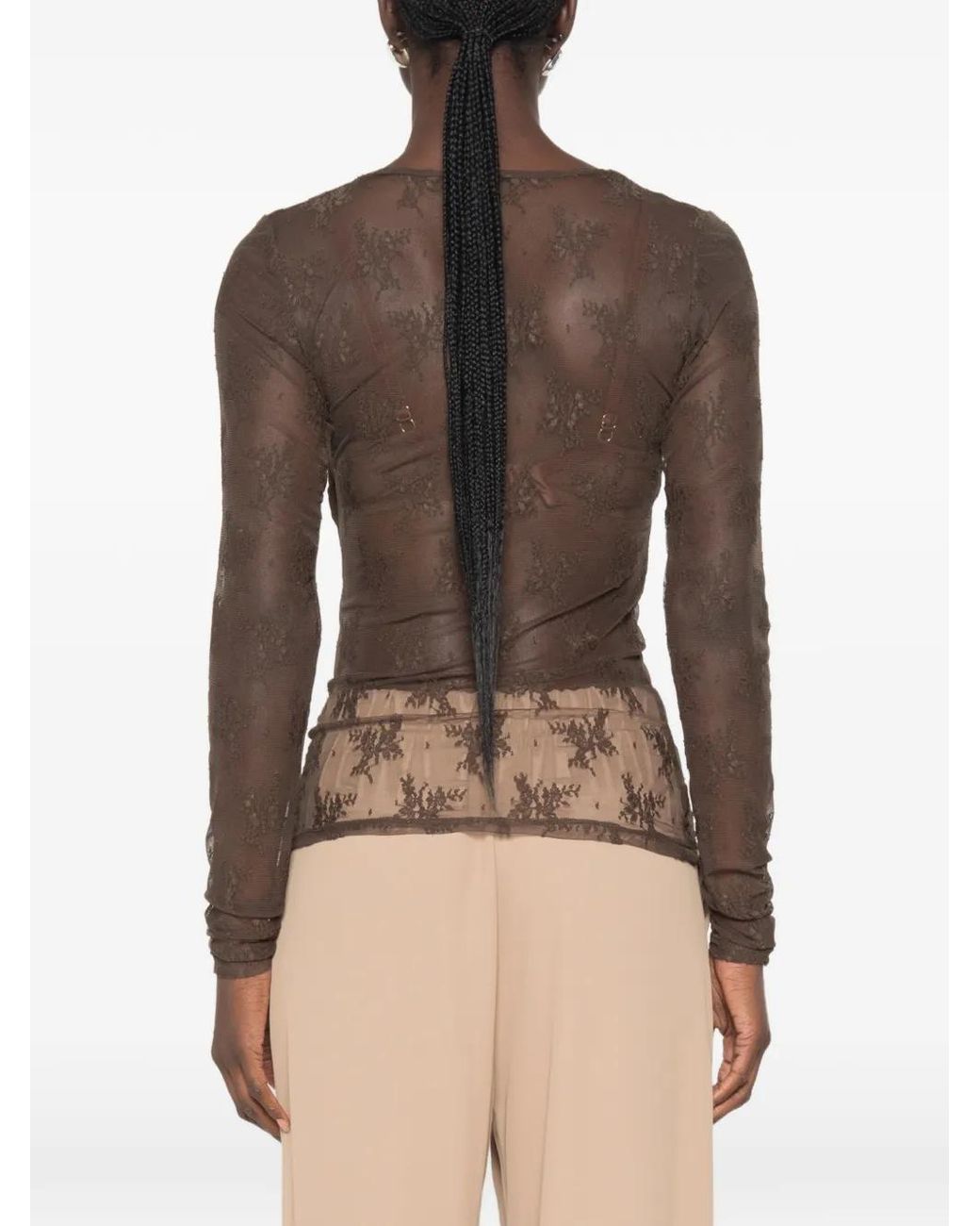Imperial Brown Floral-Lace Long-Sleeve Top