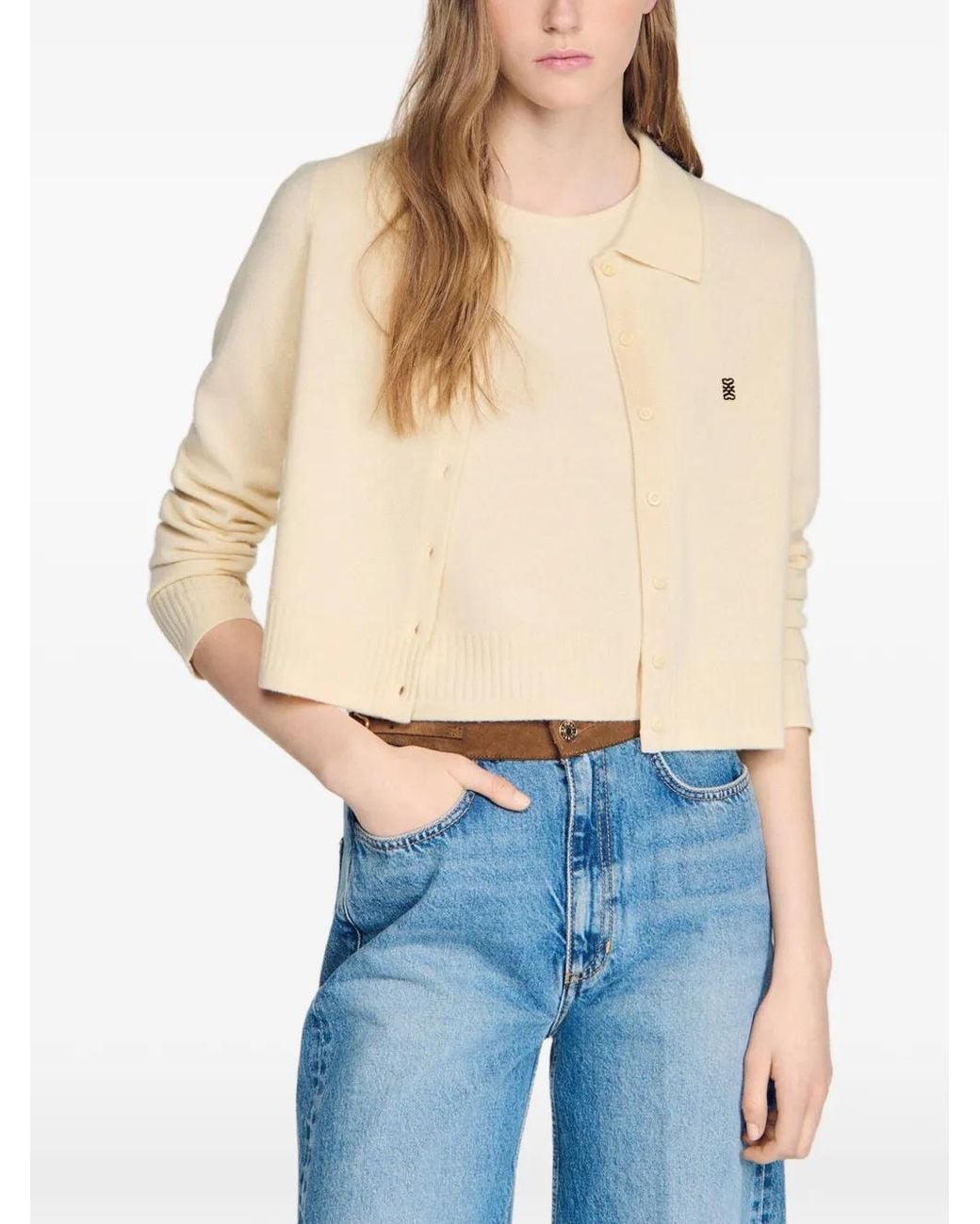 Sandro Natural Cardigan With Shirt Collar