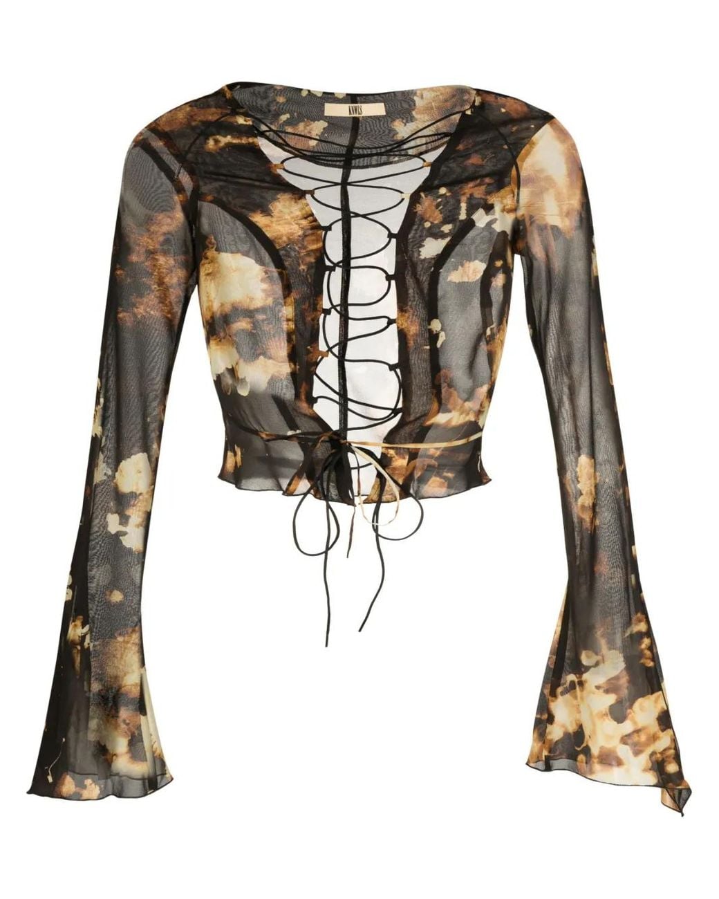 KNWLS Black Flame-Print Lace-Up Cropped Mesh Top