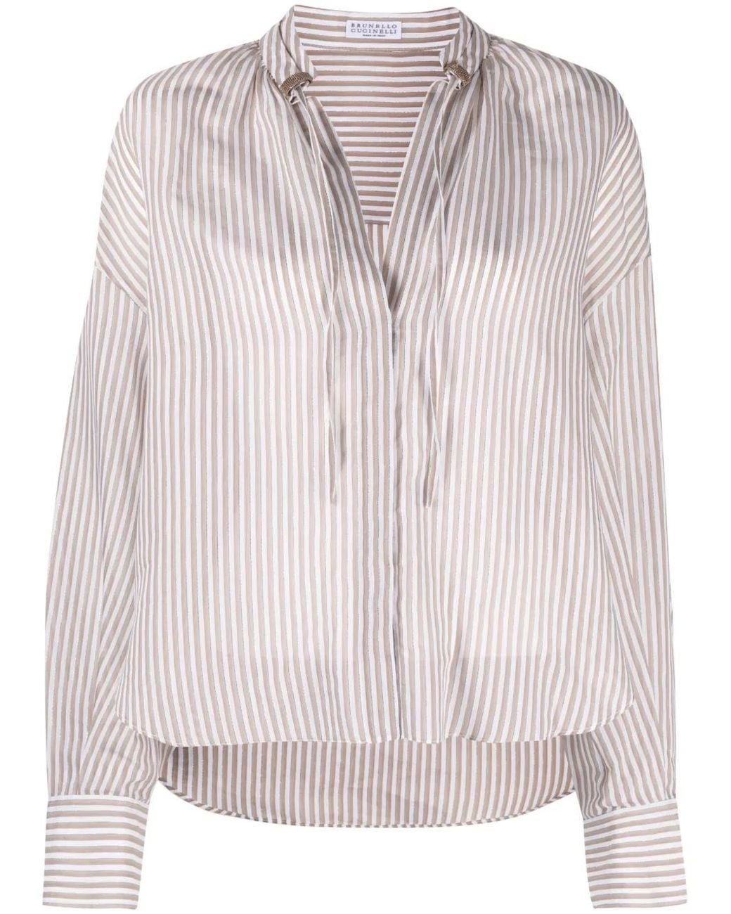 Brunello Cucinelli Pink Split-Neck Striped Blouse