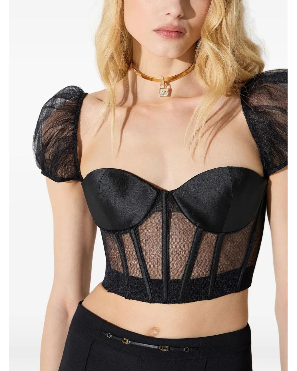 Elisabetta Franchi Black Mesh And Gazar Bustier Top