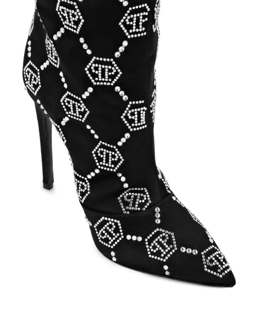 Philipp Plein Black Satin Boots High-Heels Mid Strass Monogram