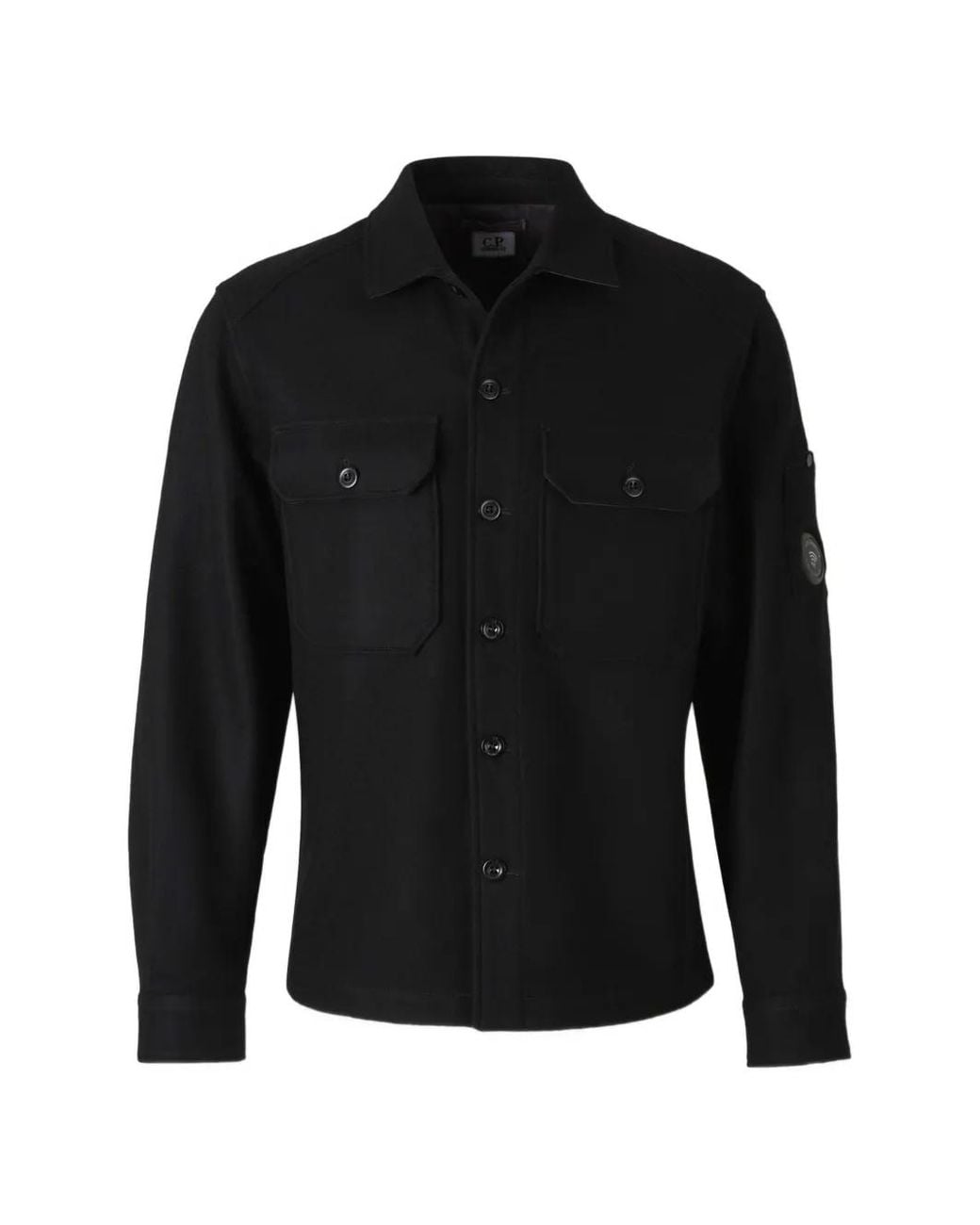 C P Company Black Felted Wool Lens Button Overshirt for men
