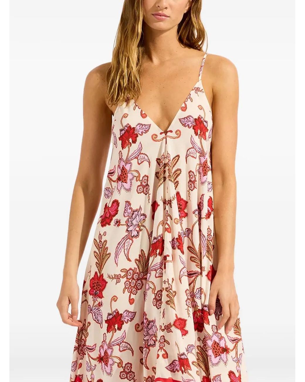 Seafolly Red Floral-Print Handkerchief-Hem Maxi Dress