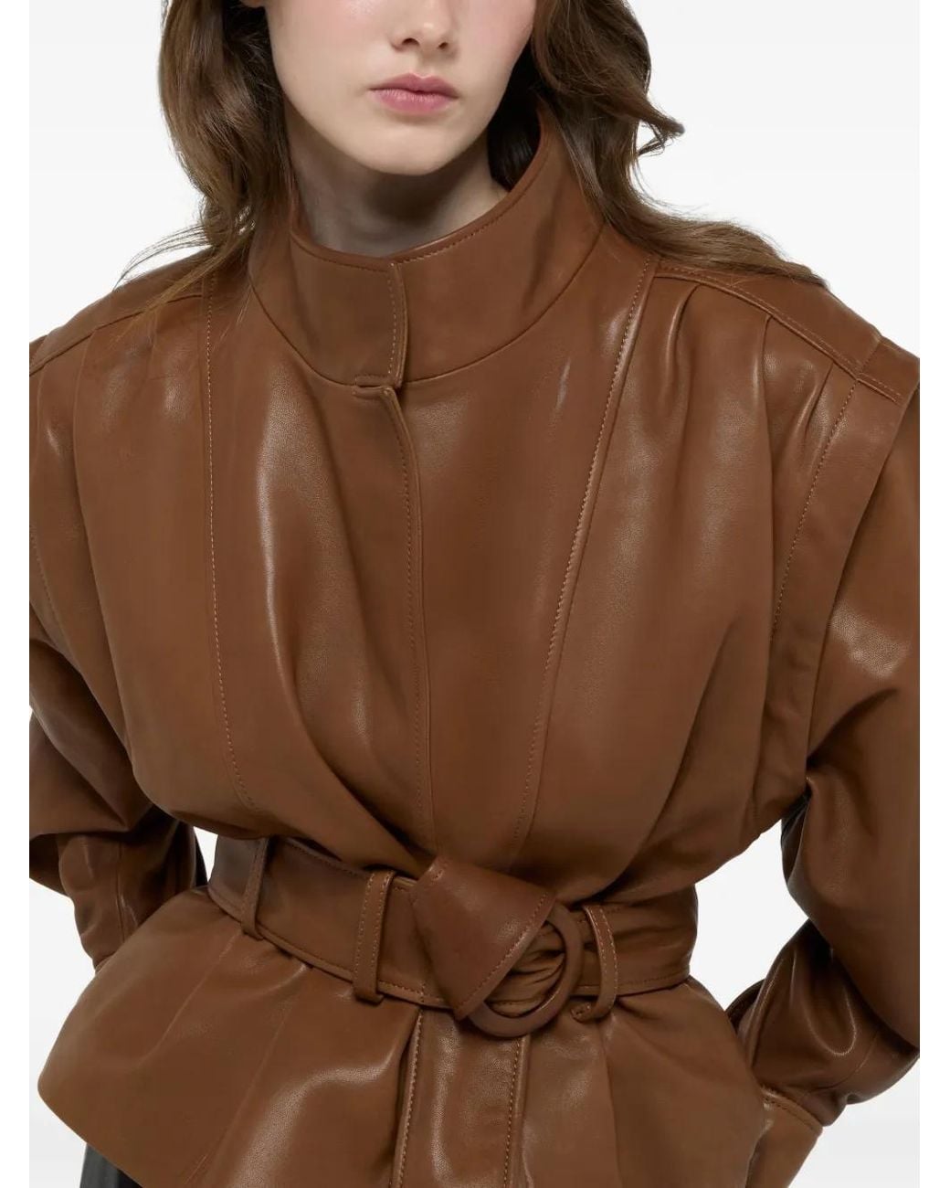 DUCIE Brown Antonia Belted Leather Jacket