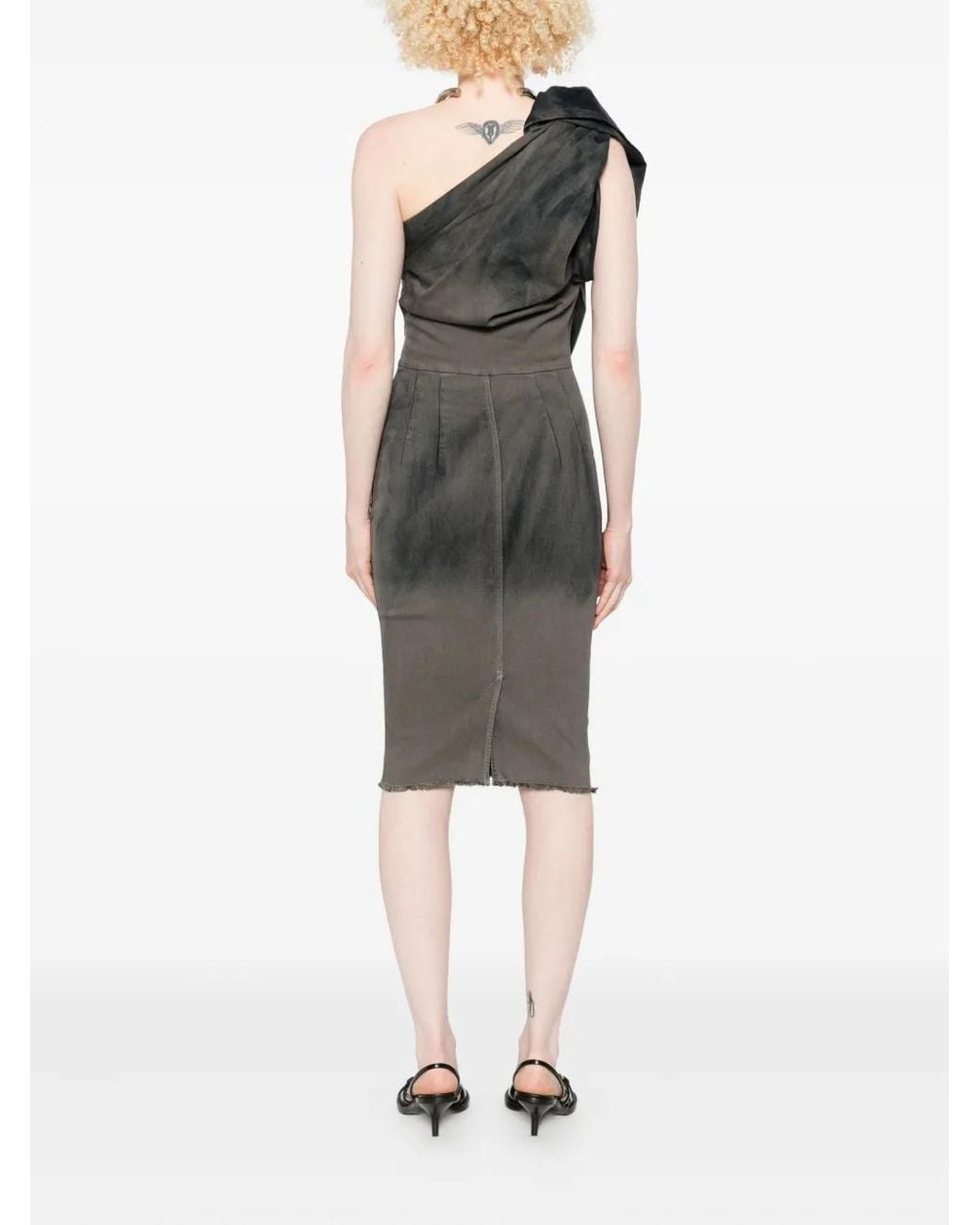 Rick Owens Black One-Shoulder Denim Midi Dress