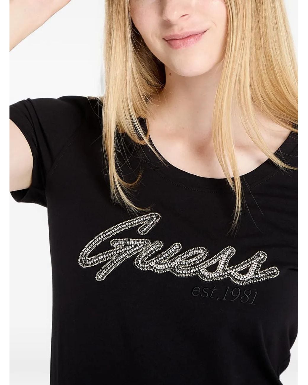 Guess Black Rhinestone-Logo T-Shirt