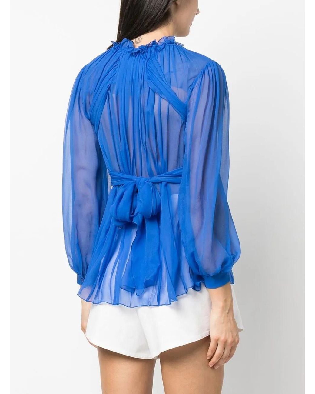 Alberta Ferretti Blue Ruched Sheer Ruffle-Neck Blouse