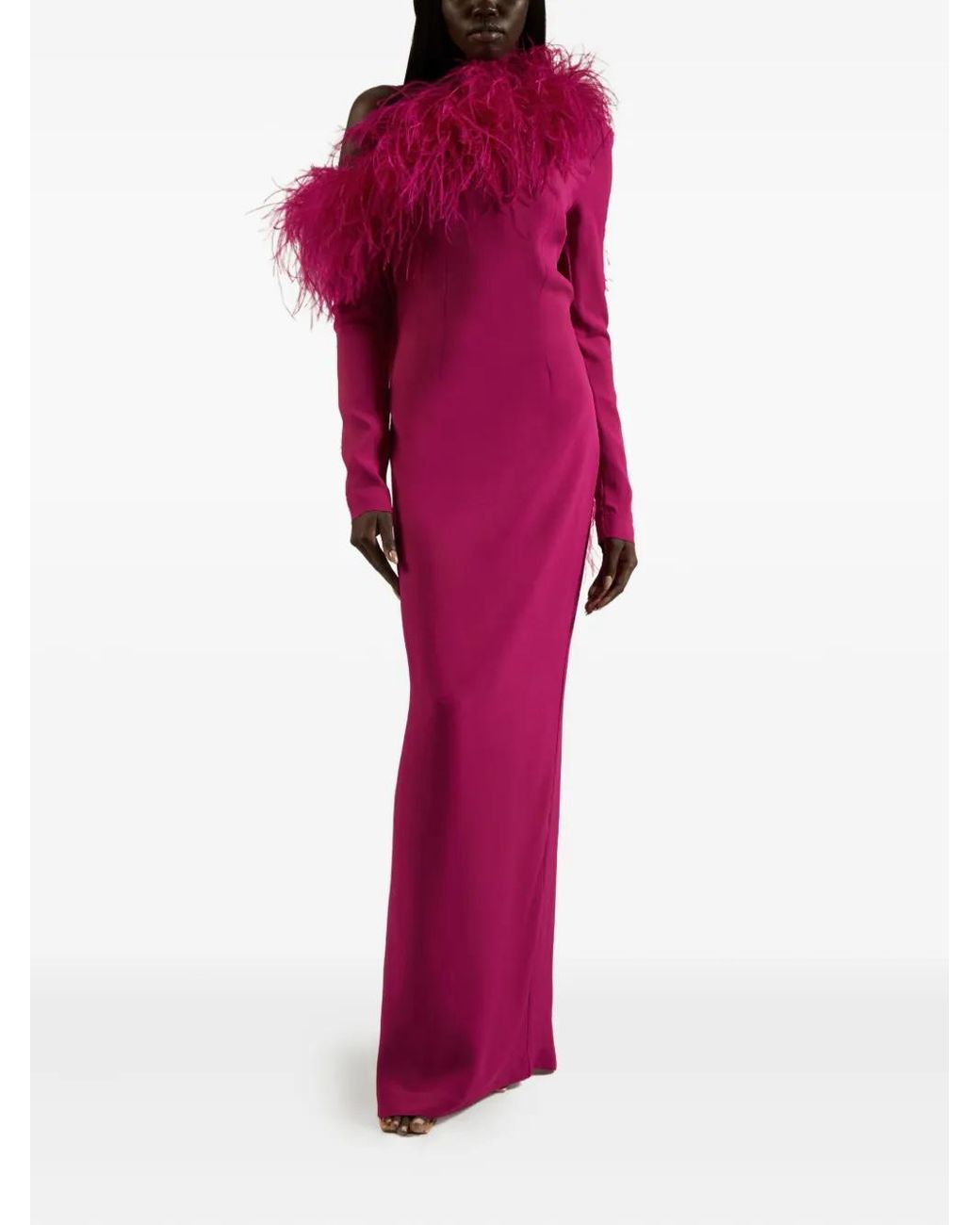 Taller Marmo Red Feather-Trimmed One-Shoulder Dress