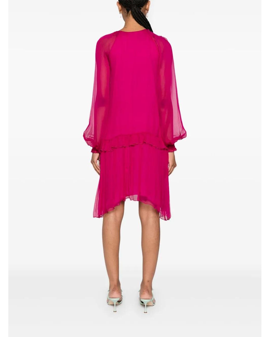 Nissa Pink Floral-Appliqué Silk Midi Dress