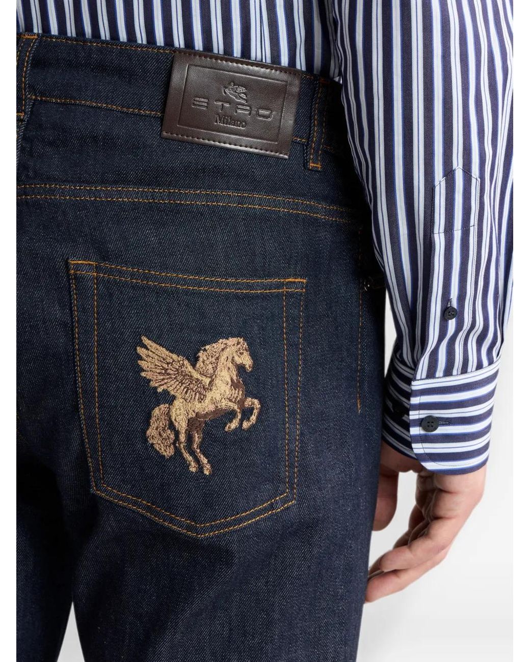 Etro Blue Jean En Coton Taille Régulière À Broderie Pegaso for men