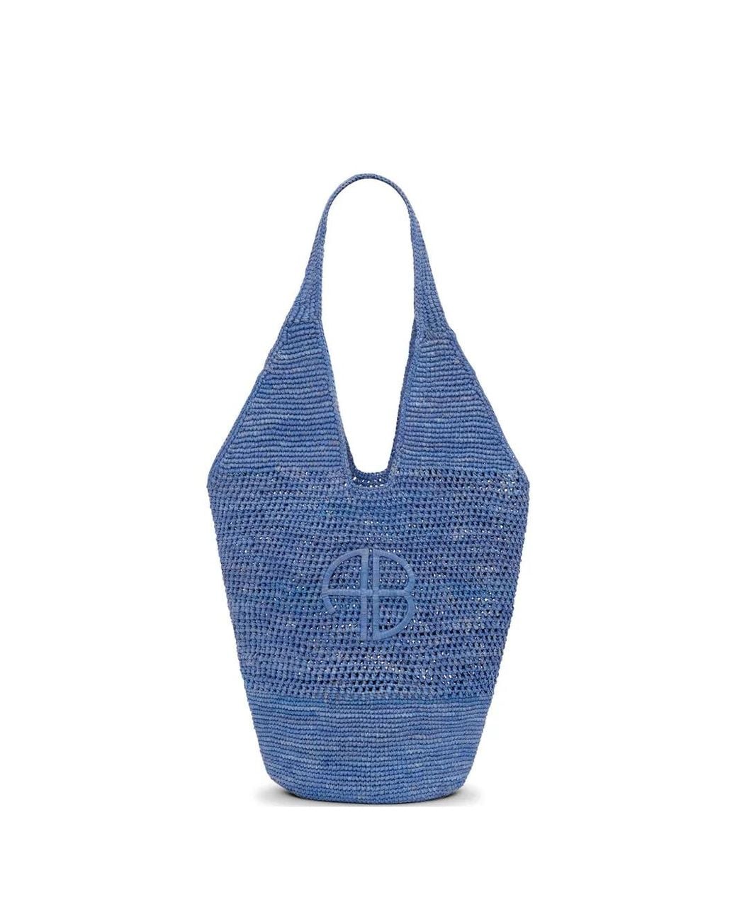 Anine Bing Blue Leah Logo Raffia Bag