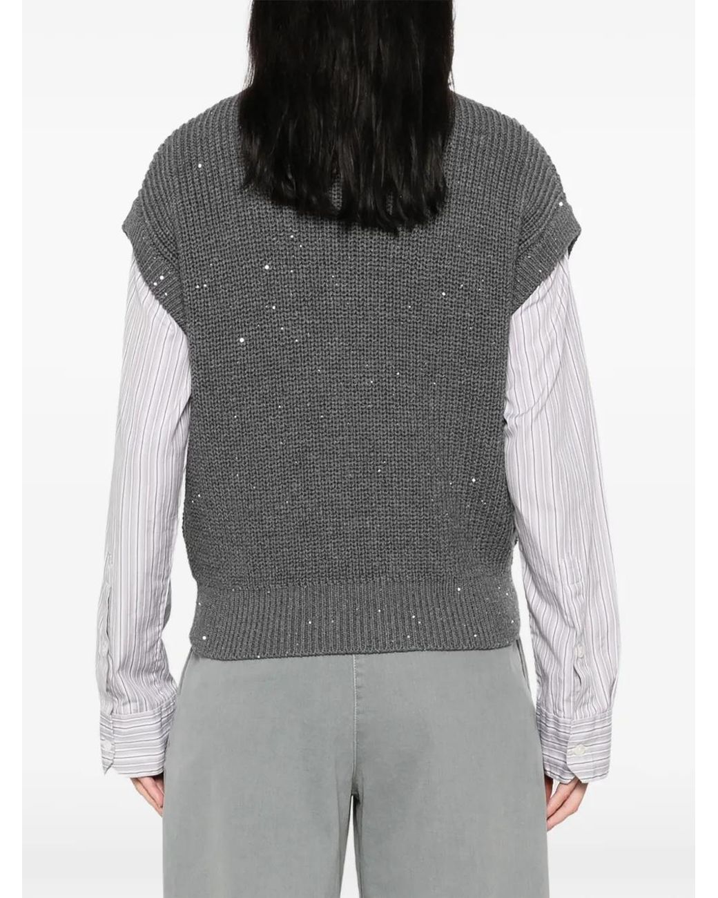 Peserico Gray Sequin-Embellished Ribbed Sleeveless Cardigan