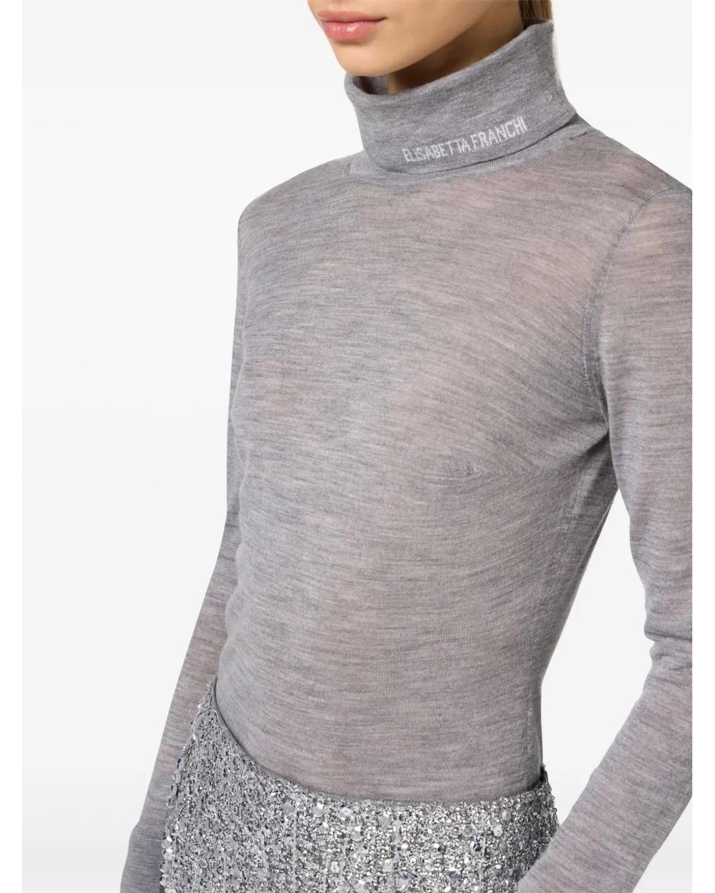 Elisabetta Franchi Gray Roll Neck Semi-Sheer Jumper