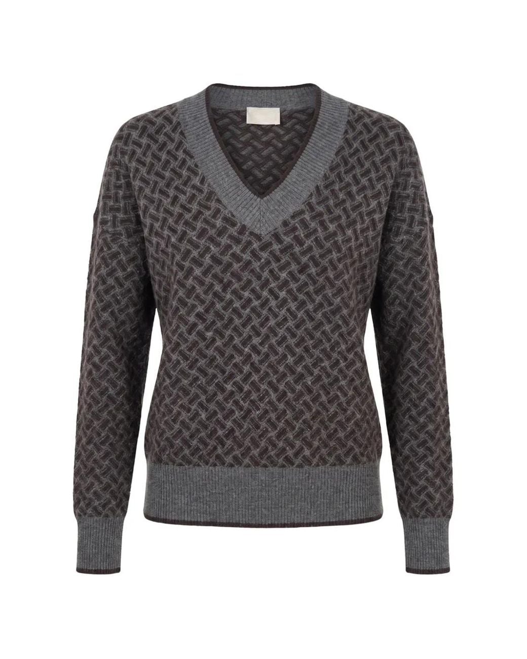 Drumohr Gray Geometric-Pattern V-Neck Sweater