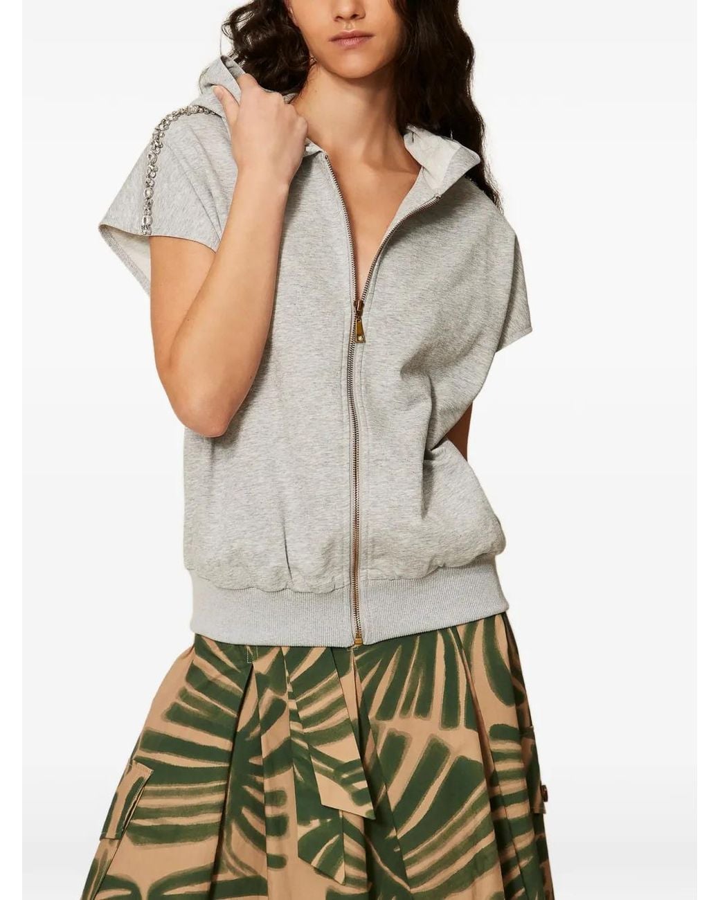 Twinset Gray Hoodie With Cabochon Embroidery